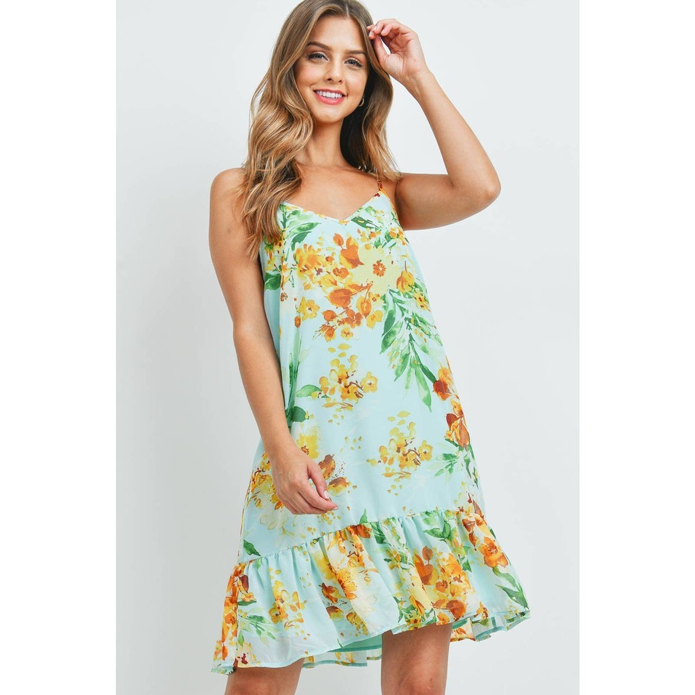 Mint Floral Slip Dress Spaghetti Strap Ruffle Hem Dress